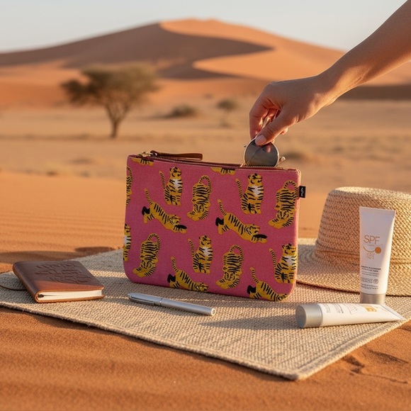 Danica Studio Handbags - Fierce Folio vibrant pink bag featuring a repeat tiger print in a rare Pink